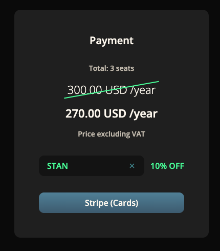 Screenshot of dehancer.com checkout page confirming 10% discount successfully applied with promo code STAN.